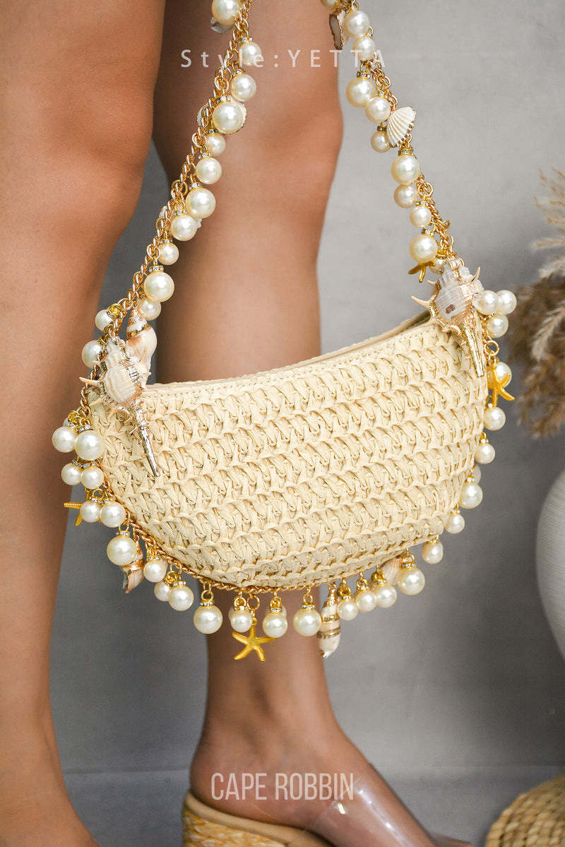 Yetta Seashell and Pearl Trim Raffia Minibag
