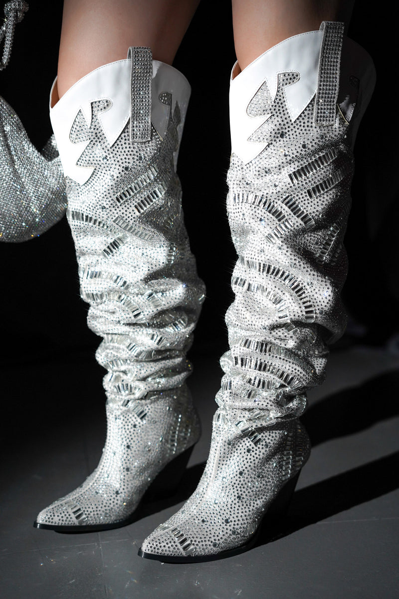 Rockka Rhineston Pointed Toe Pull On Knee High Cowboy Boots