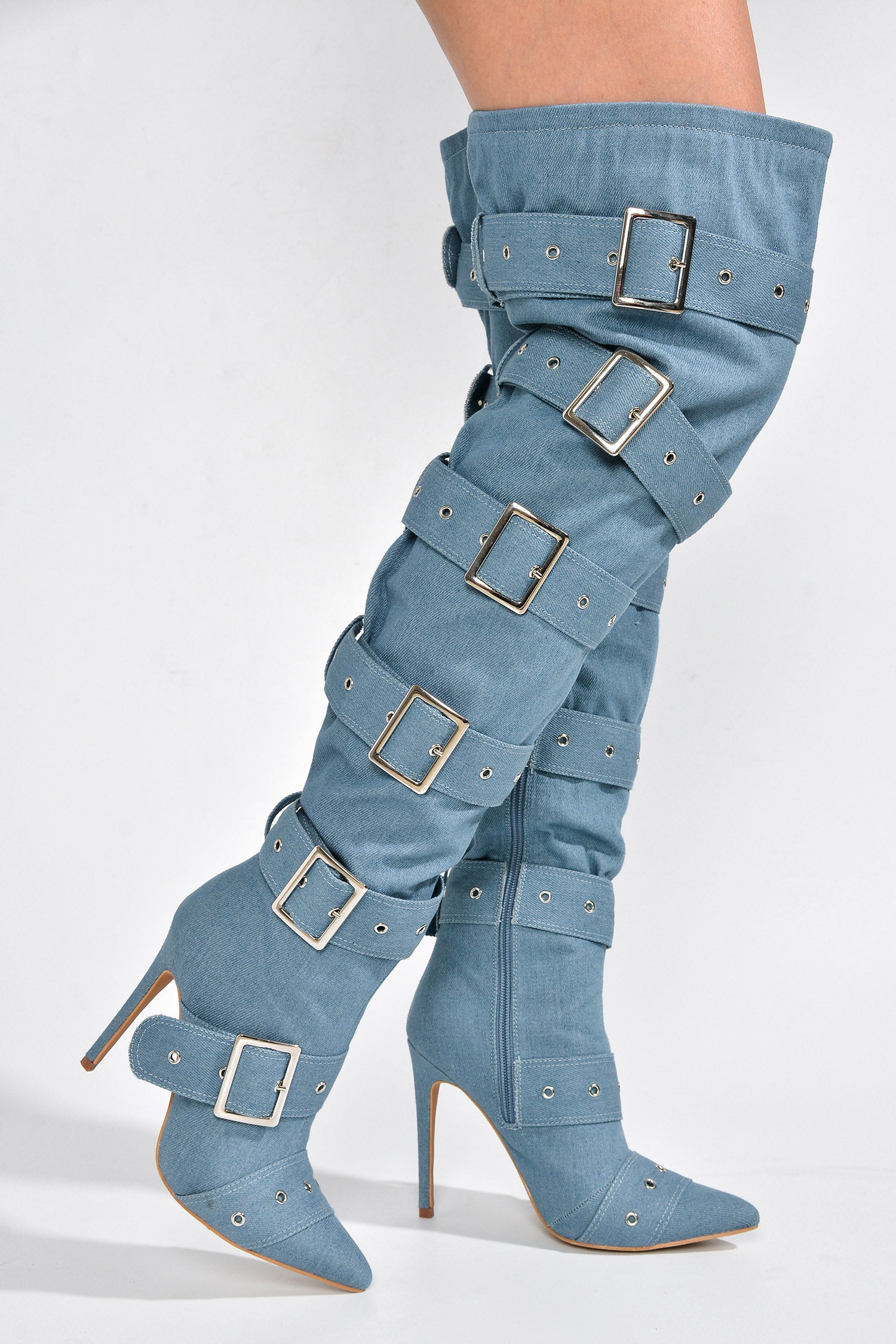 UrbanOG - Asmara Buckle Decor Thigh High Stiletto Boots - BOOTS