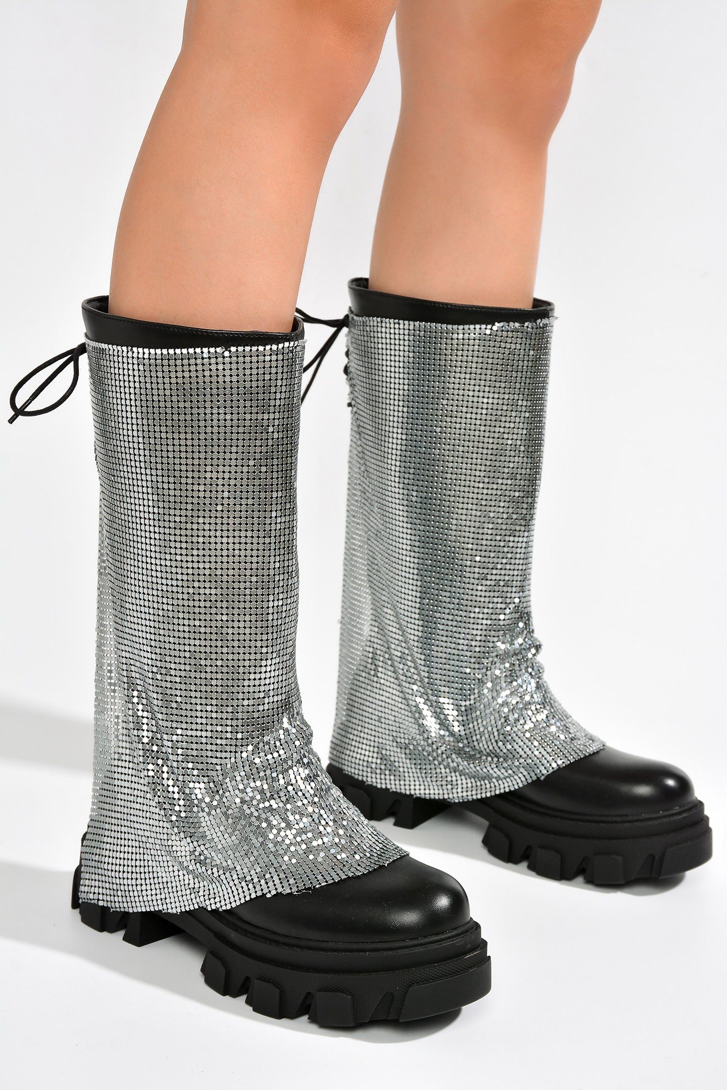 UrbanOG - Bonika Rhinestone Mesh Chunky Lug Sole Boots - BOOTIES