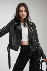 Carlia Spike Studs Buckle Faux Leather Jacket