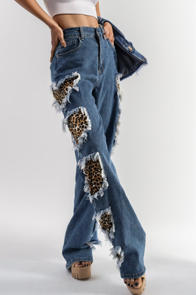 UrbanOG - Delcina Fringe Heart-Shaped Leopard Print Jeans - PANTS