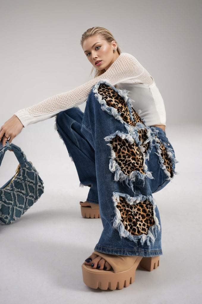 UrbanOG - Delcina Fringe Heart-Shaped Leopard Print Jeans - PANTS