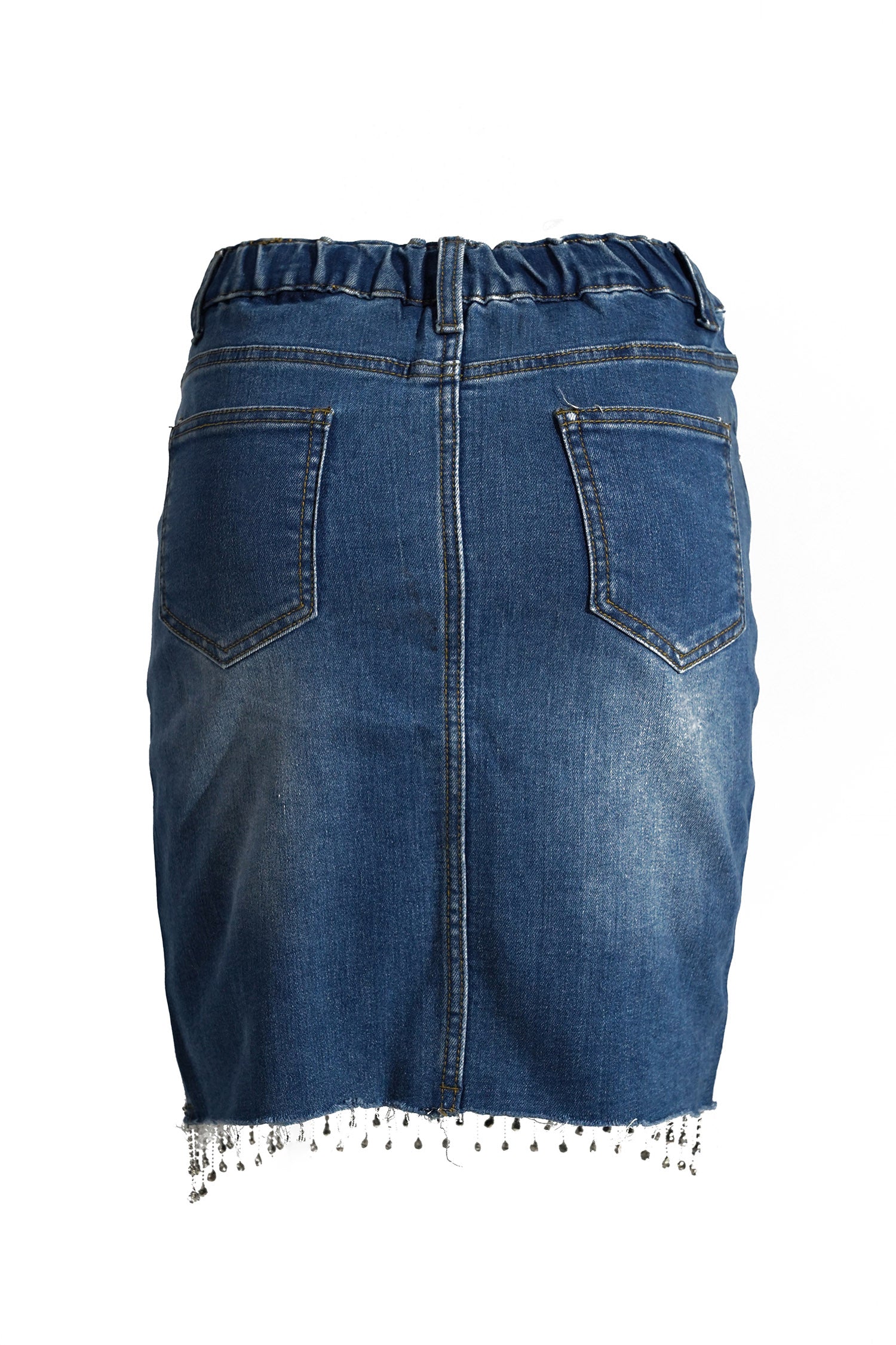 UrbanOG - Tammi Rhinestone Fringe Trim Mini Denim Skirt - DRESSES
