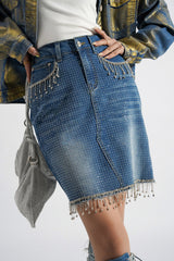 Tammi Rhinestone Fringe Trim Mini Denim Skirt