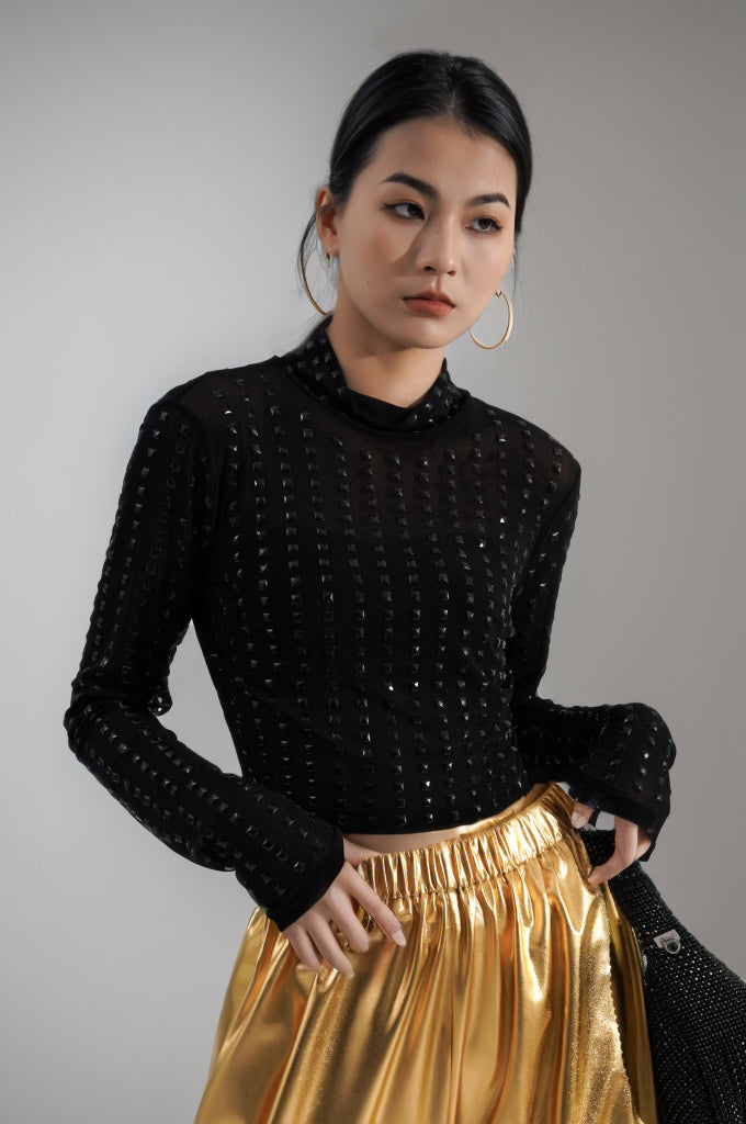 UrbanOG - Timmie Spikes Mock Neck Long Sleeved Mesh Top - TOPS