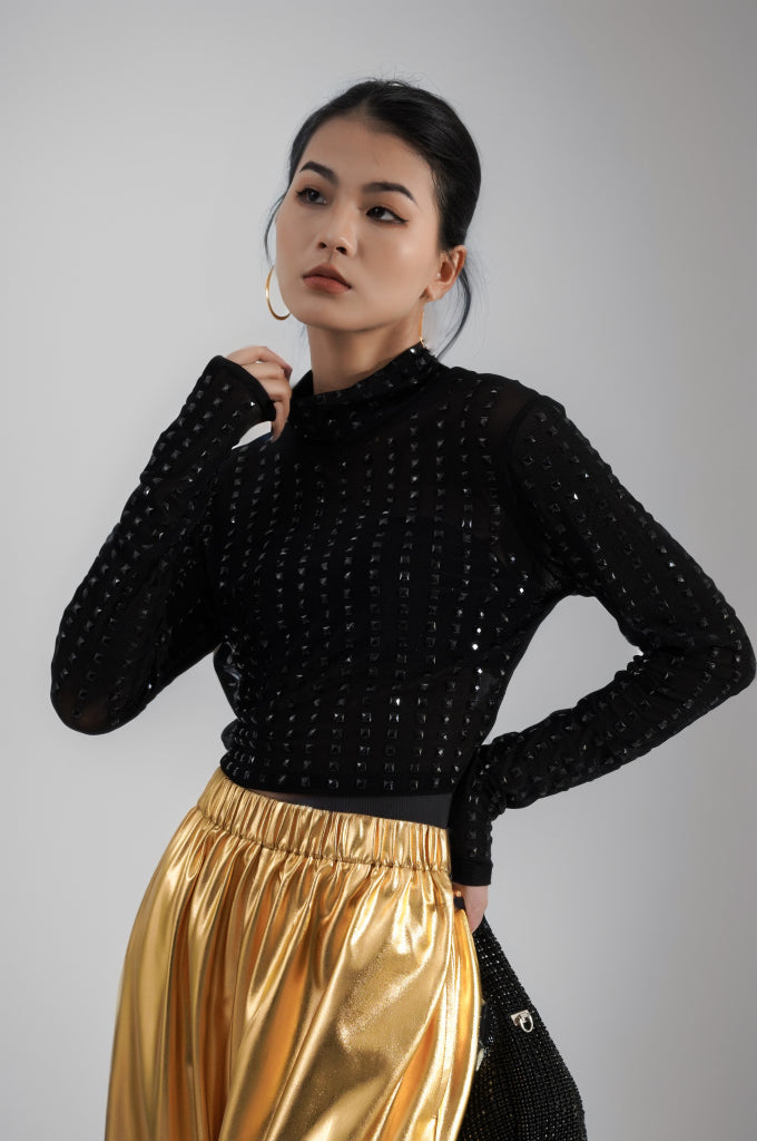 UrbanOG - Timmie Spikes Mock Neck Long Sleeved Mesh Top - TOPS