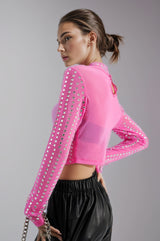 Timmie Spikes Mock Neck Long Sleeved Mesh Top