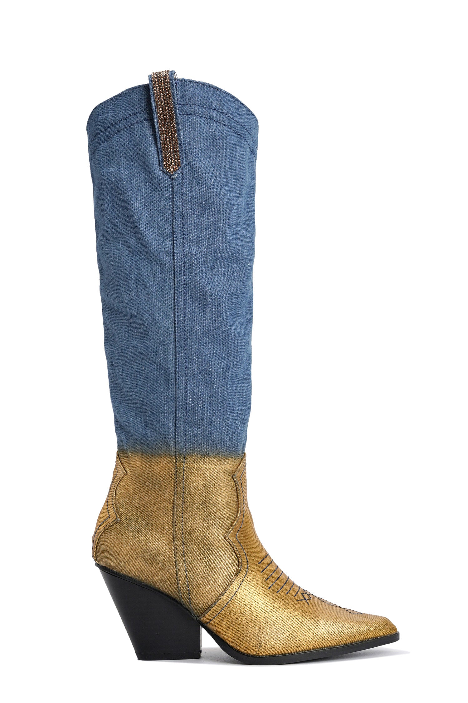 UrbanOG - Castine Rhinestone Knee-High Denim Boots - BOOTS
