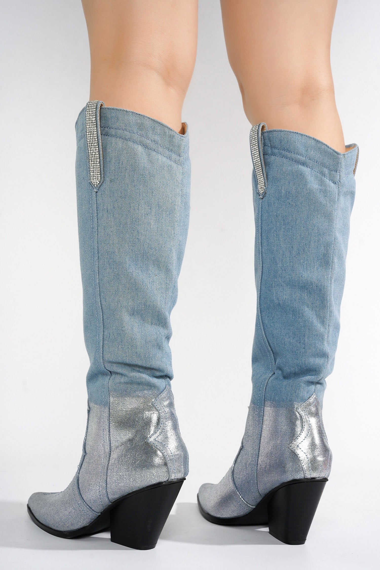 UrbanOG - Castine Rhinestone Knee-High Denim Boots - BOOTS