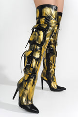 Detroit Thigh-High Metallic Denim Boots