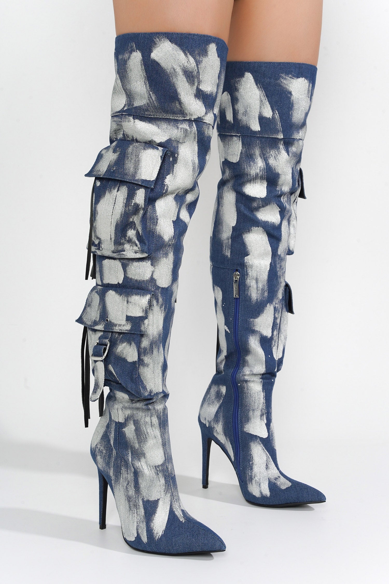 UrbanOG - Detroit Thigh-High Metallic Denim Boots - BOOTS