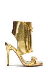 Eveleen Metallic Pouch Ankle Strap Square Toe Heels