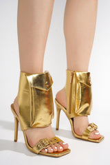 Eveleen Metallic Pouch Ankle Strap Square Toe Heels