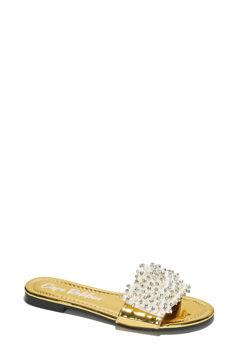 Fara Glamorous Pearl Embellished Round Toe Slip On Sandals