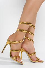 Faydra Metallic Open Toe Wrap-Around Heels