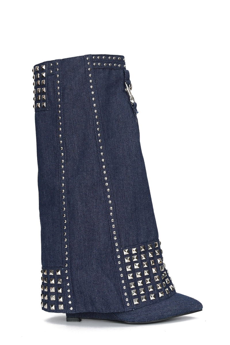 Layney Foldover Denim Wedge Boots with Studs