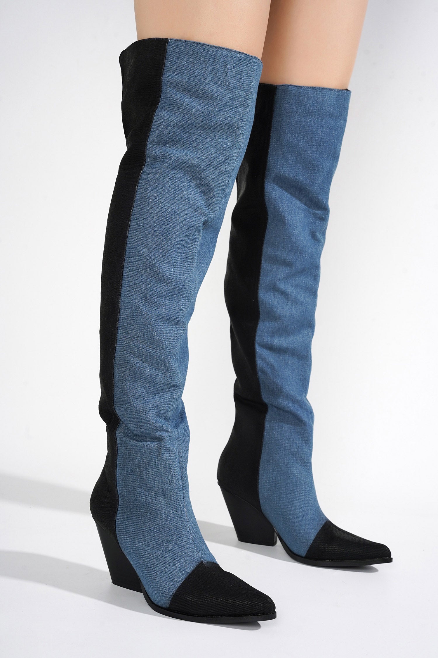 UrbanOG - Lowa Over-the-Knee Block Heel Denim Boots - BOOTS