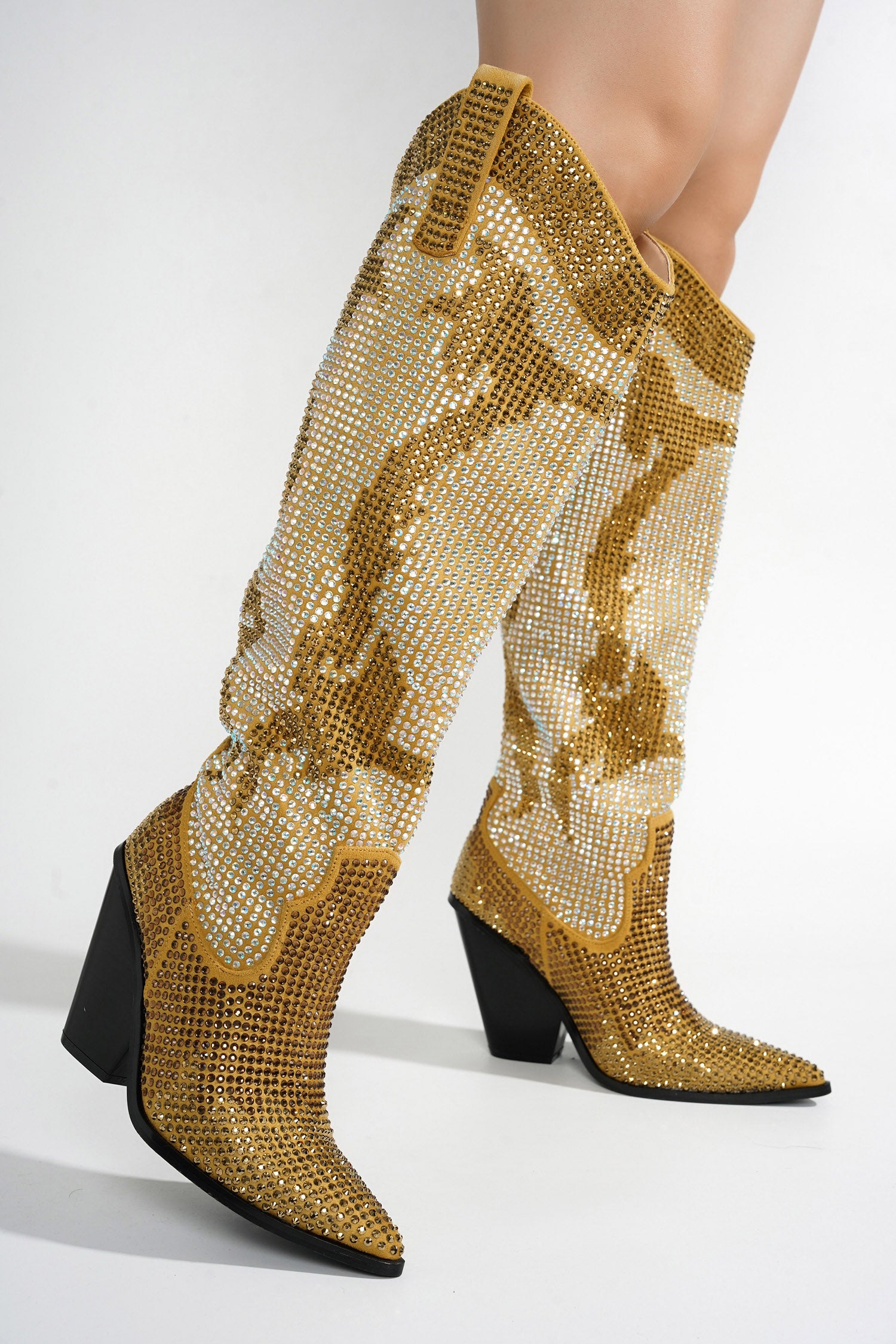 UrbanOG - Malinde Rhinestone Embelished Western Inpired Knee High Boots - BOOTIES