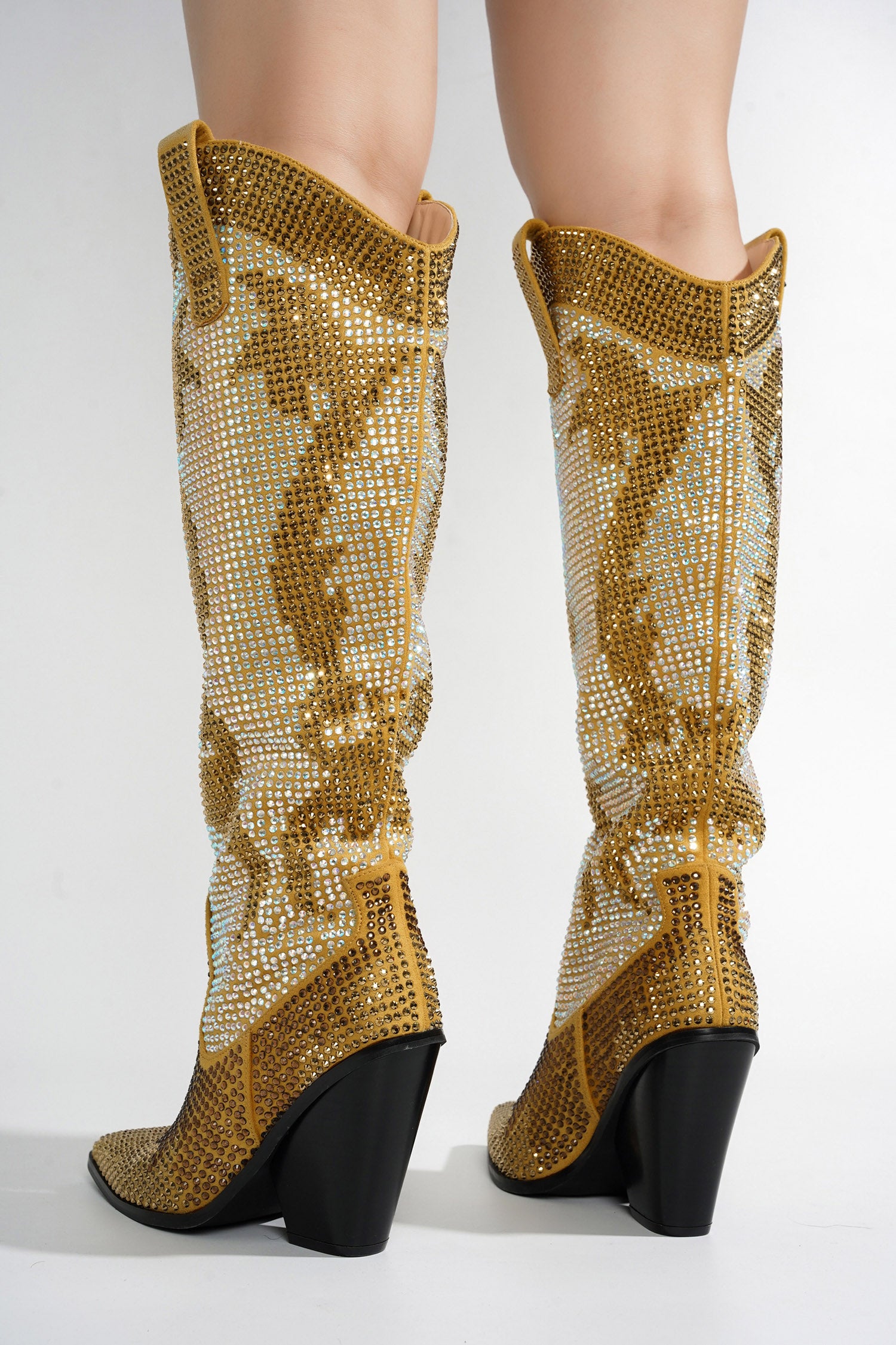 UrbanOG - Malinde Rhinestone Embelished Western Inpired Knee High Boots - BOOTIES