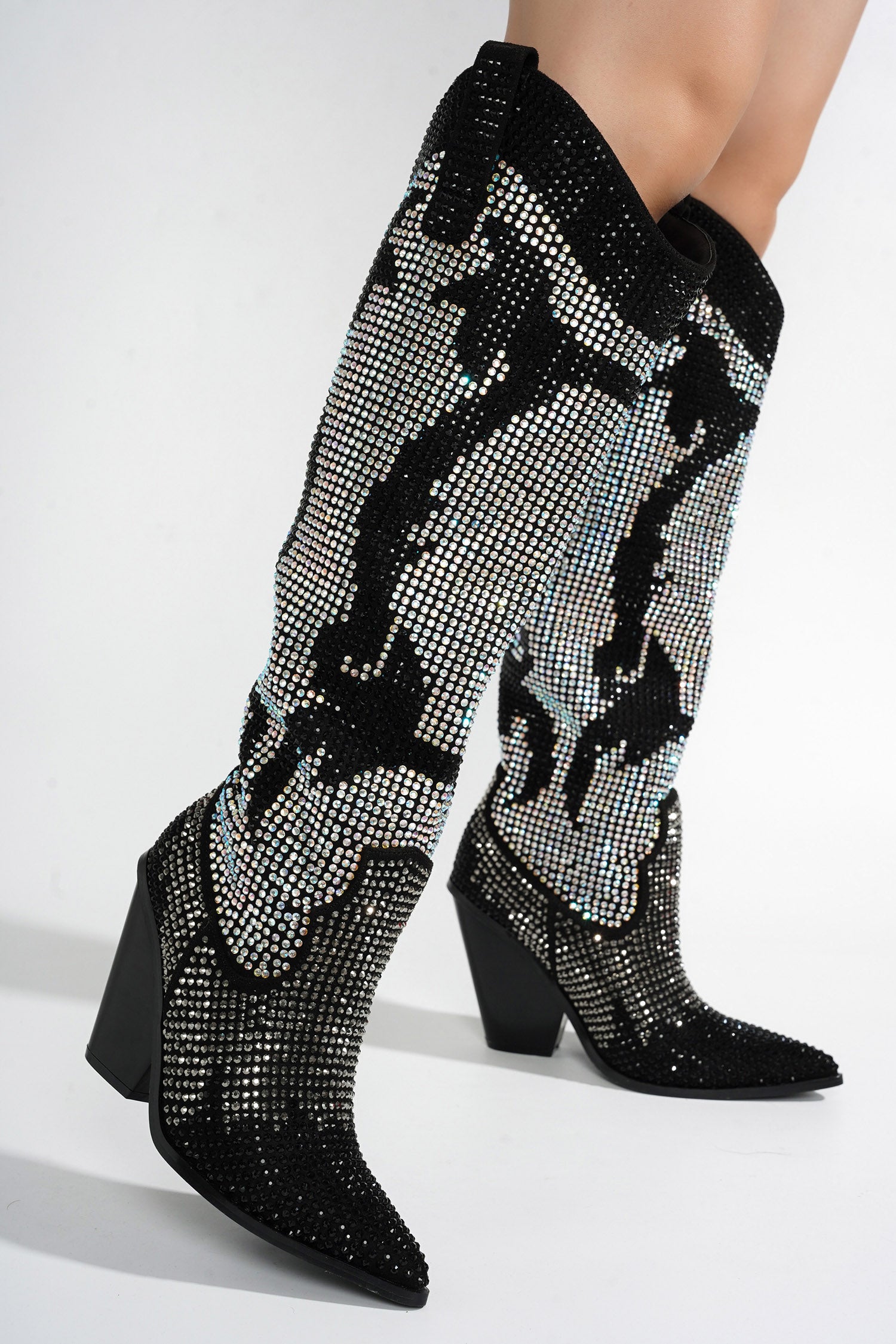 UrbanOG - Malinde Rhinestone Embelished Western Inpired Knee High Boots - BOOTIES