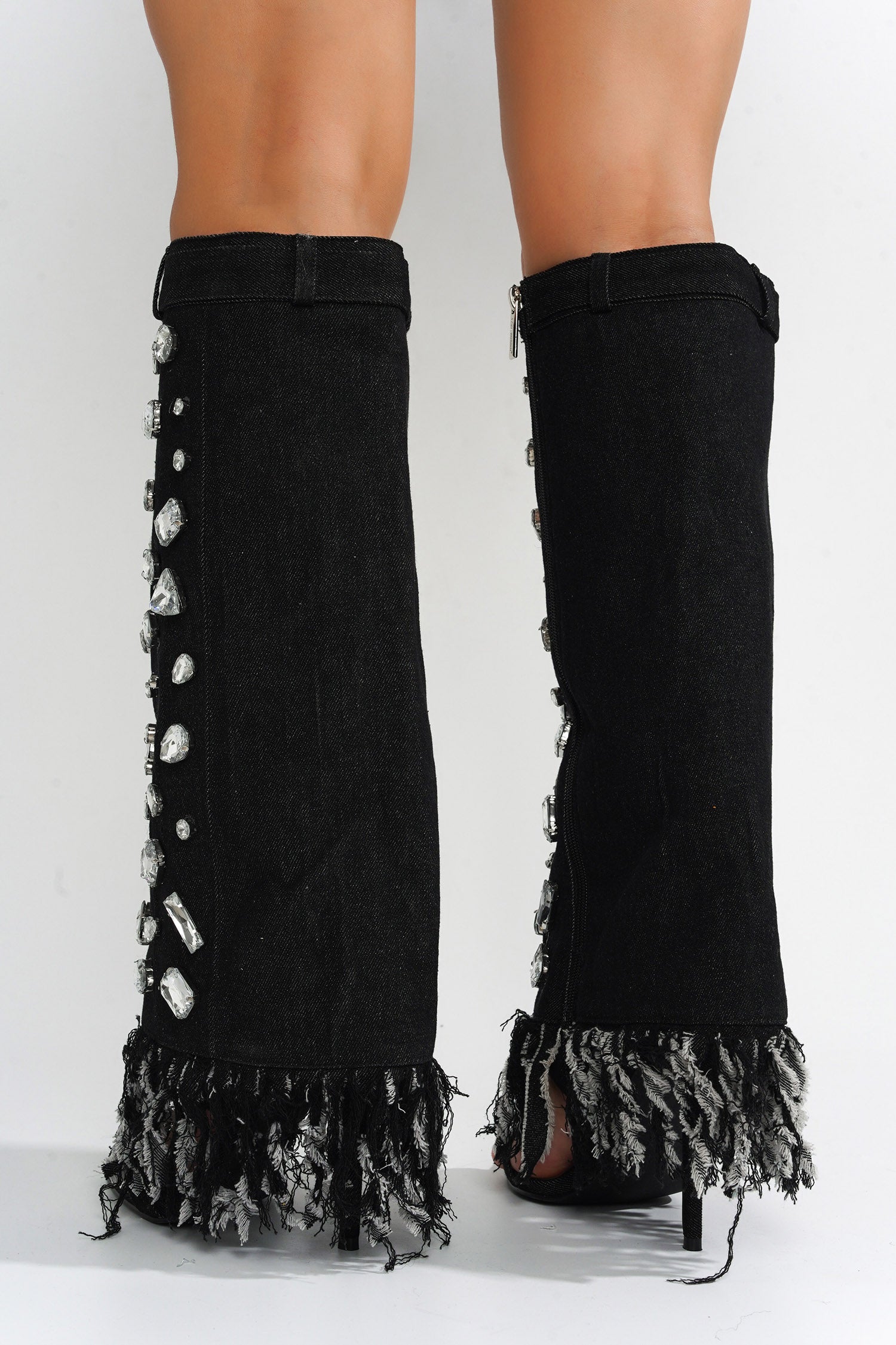 UrbanOG - Osona Gems and Fringe Knee High Denim Boots - BOOTS