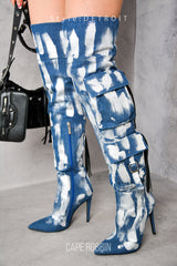 Detroit Thigh-High Metallic Denim Boots