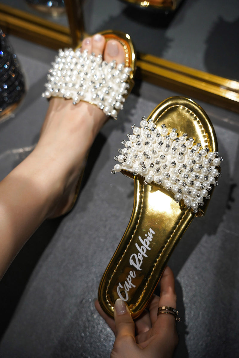 Fara Glamorous Pearl Embellished Round Toe Slip On Sandals