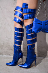 pointy toe,skinny high heels,thigh high boots,spiral wrap around