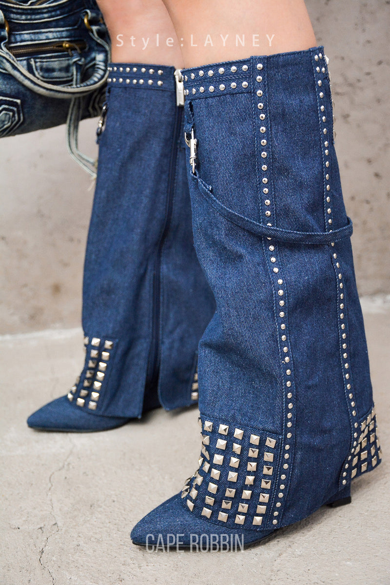 Layney Foldover Denim Wedge Boots with Studs