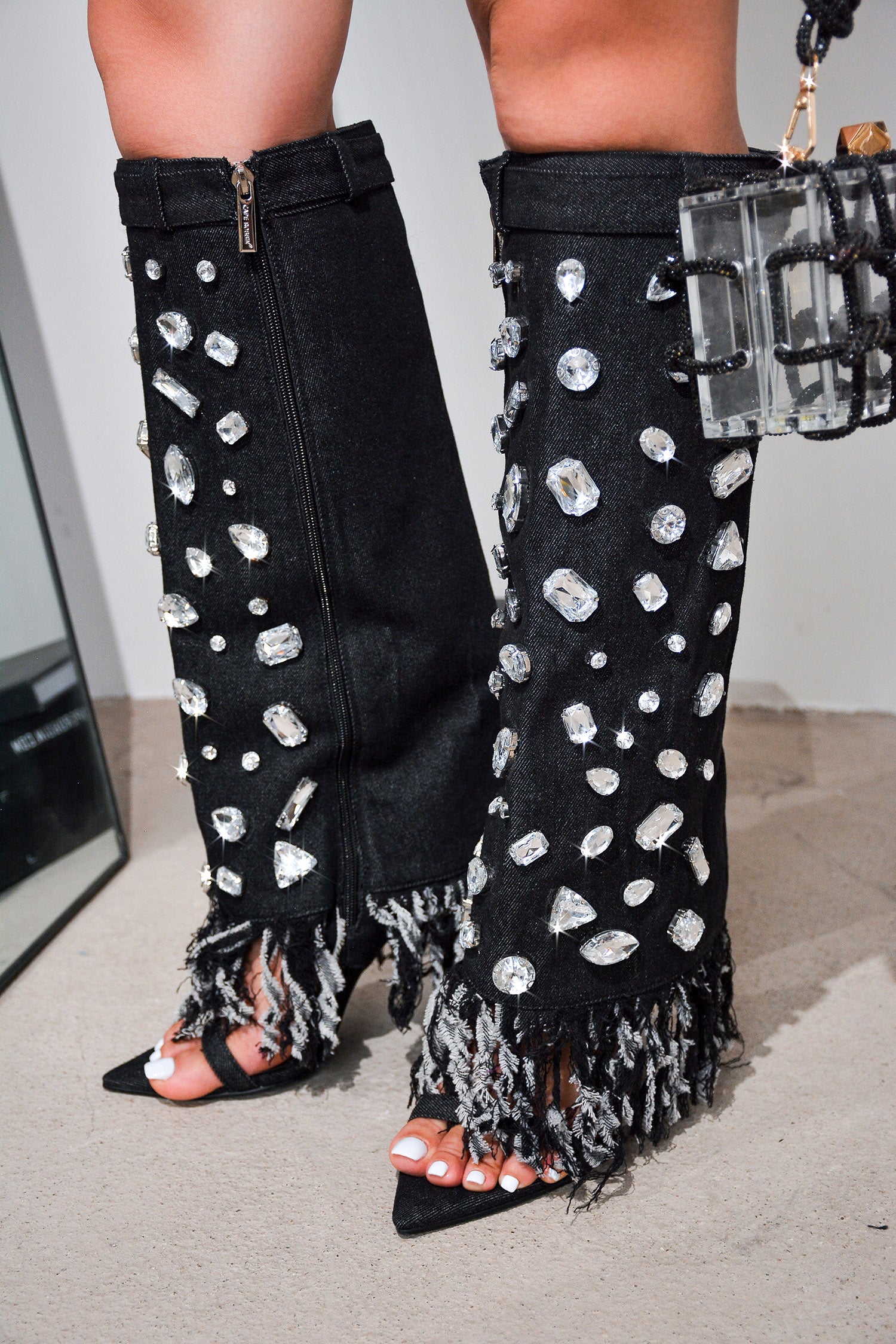 UrbanOG - Osona Gems and Fringe Knee High Denim Boots - BOOTS