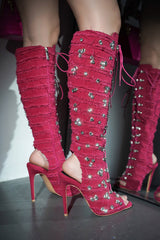 Renaissancee Peep Toe Knee-High Lace-Up Heels