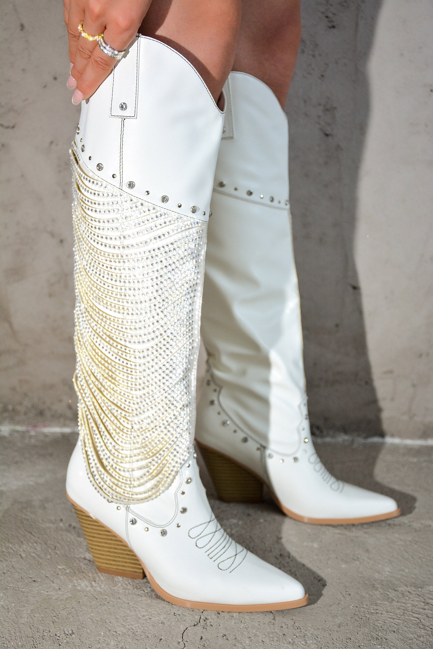 UrbanOG - Stika Rhinestone Gem Knee-High Cowboy Boots - BOOTIES