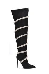 Rolly Black Suede Rhinestone Thigh-High Boots