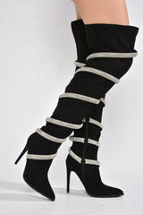 Rolly Black Suede Rhinestone Thigh-High Boots