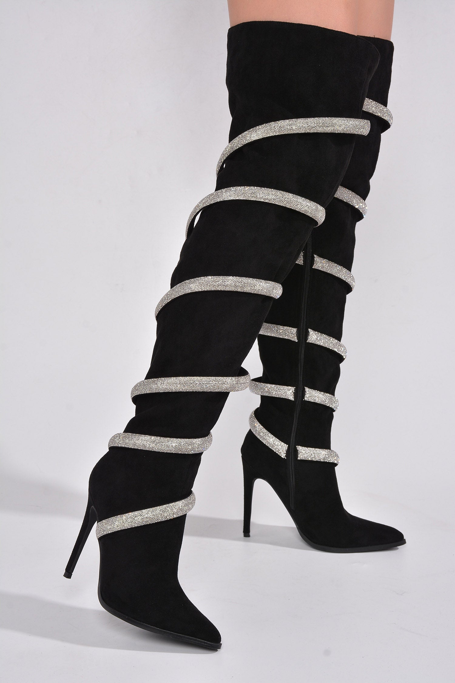 UrbanOG - Rolly Black Suede Rhinestone Thigh-High Boots - BOOTS