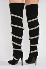 Rolly Black Suede Rhinestone Thigh-High Boots