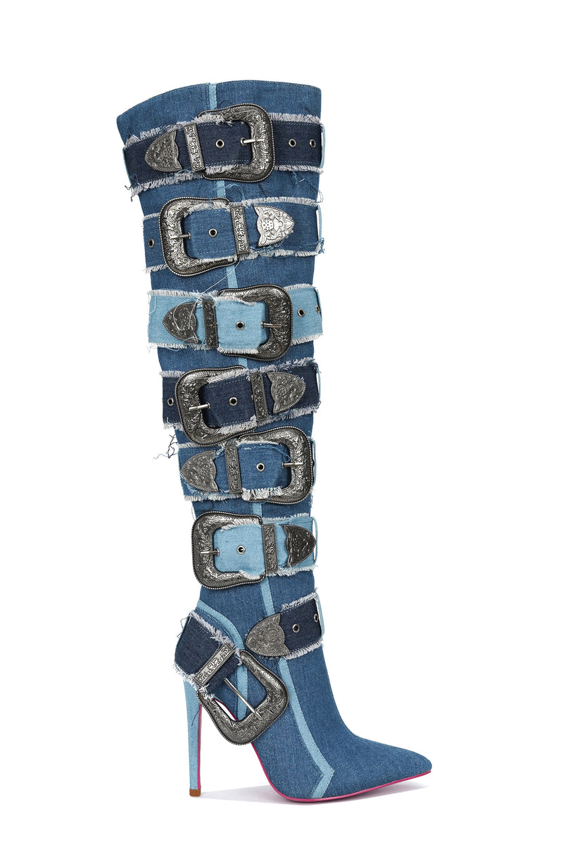 Shea Belt Buckle Detail Thigh-High Denim Boots