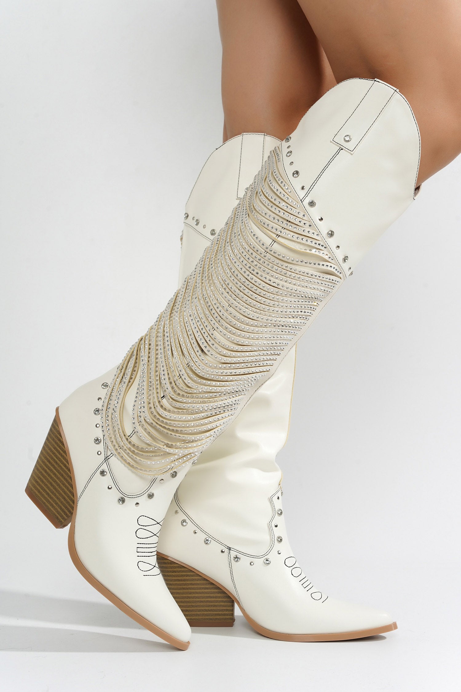 UrbanOG - Stika Rhinestone Gem Knee-High Cowboy Boots - BOOTIES