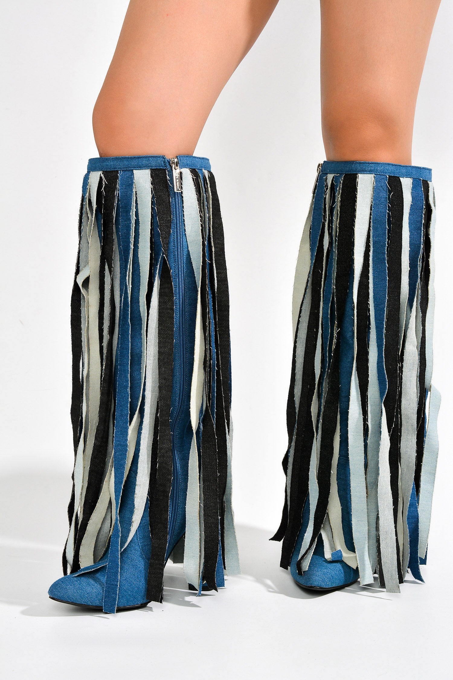 UrbanOG - Valletta Fringe Denim Knee Block Heel Boots - BOOTS