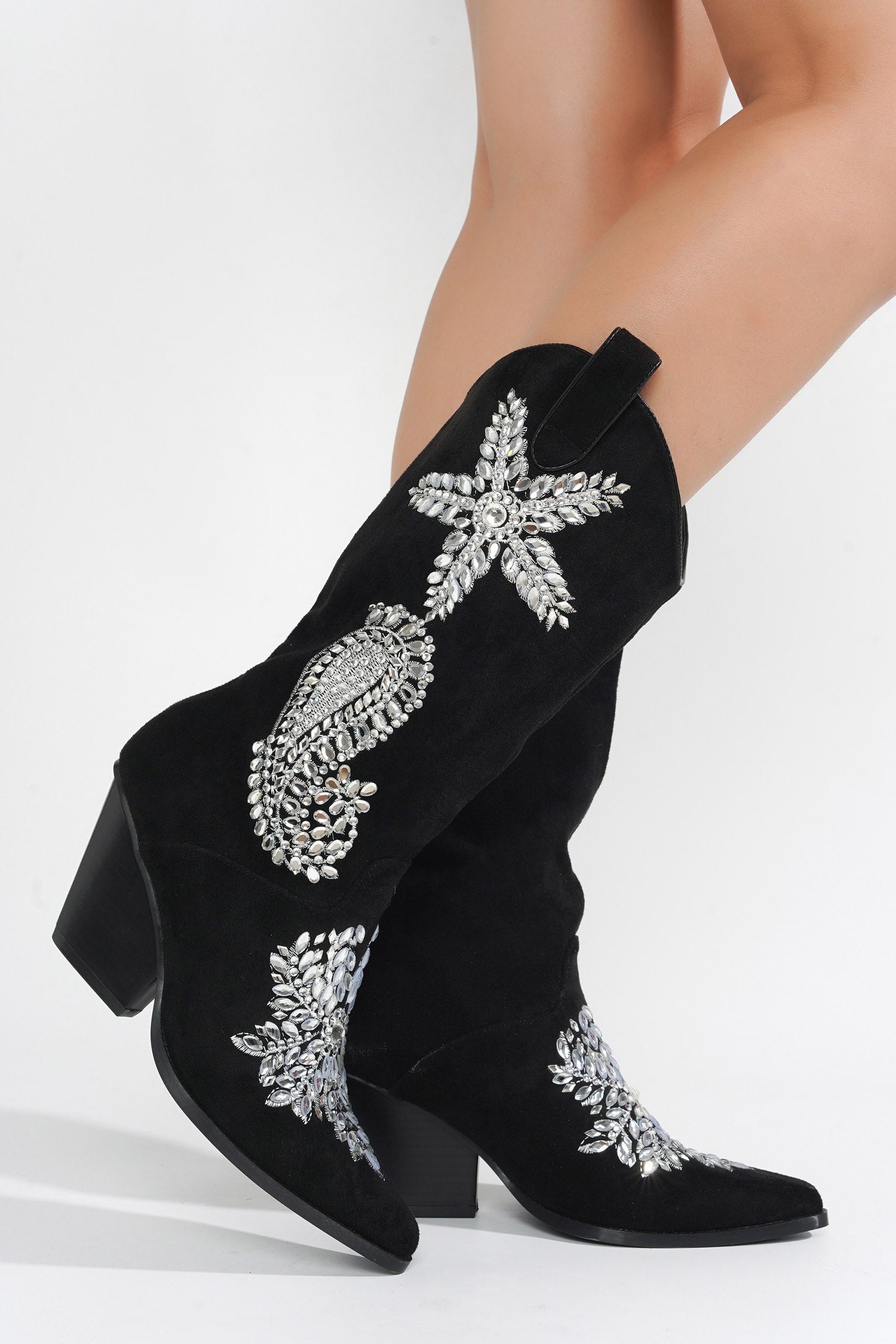 UrbanOG - Vivianne Gem Suede Block Heel Cowboy Boots - BOOTIES