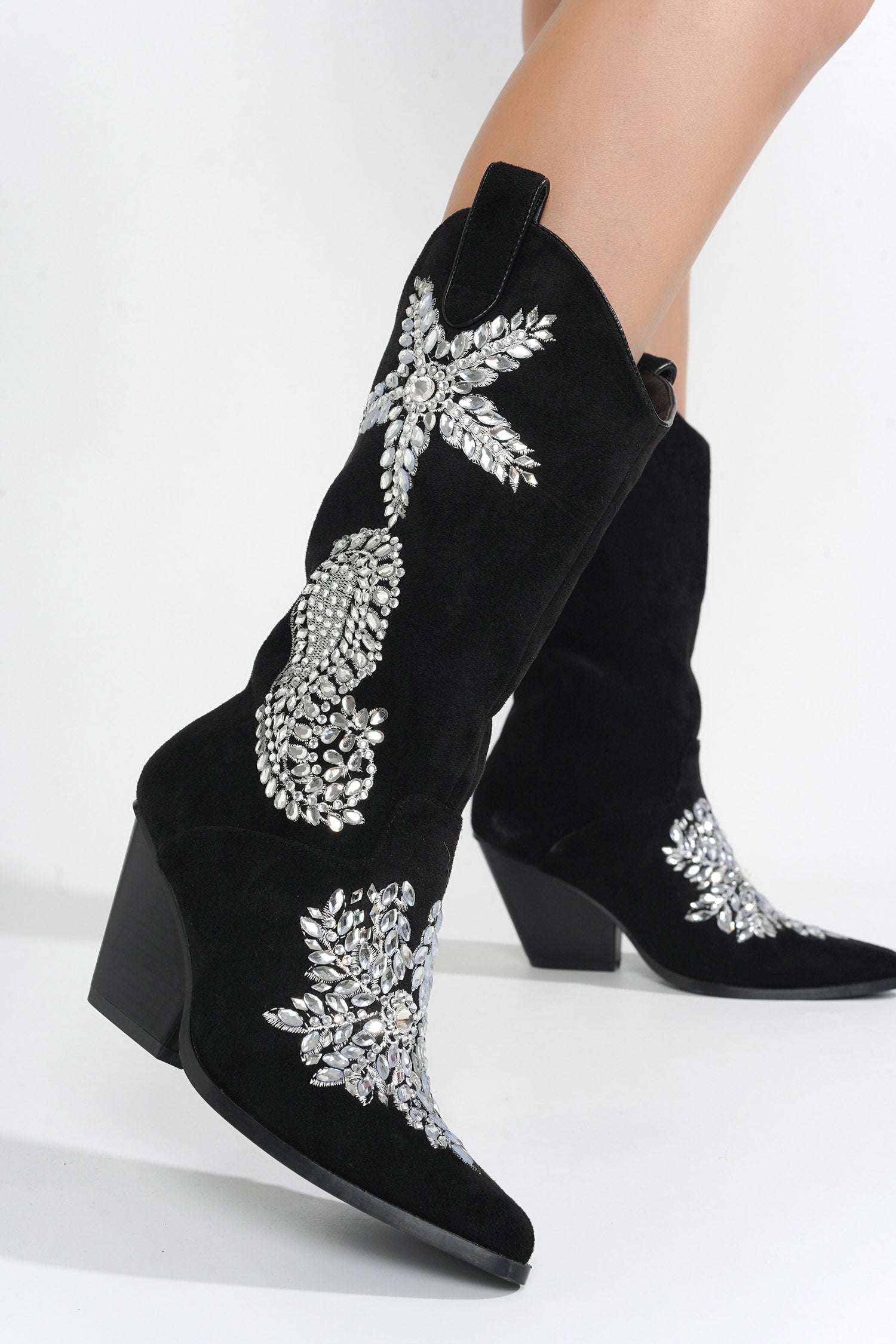 UrbanOG - Vivianne Gem Suede Block Heel Cowboy Boots - BOOTIES