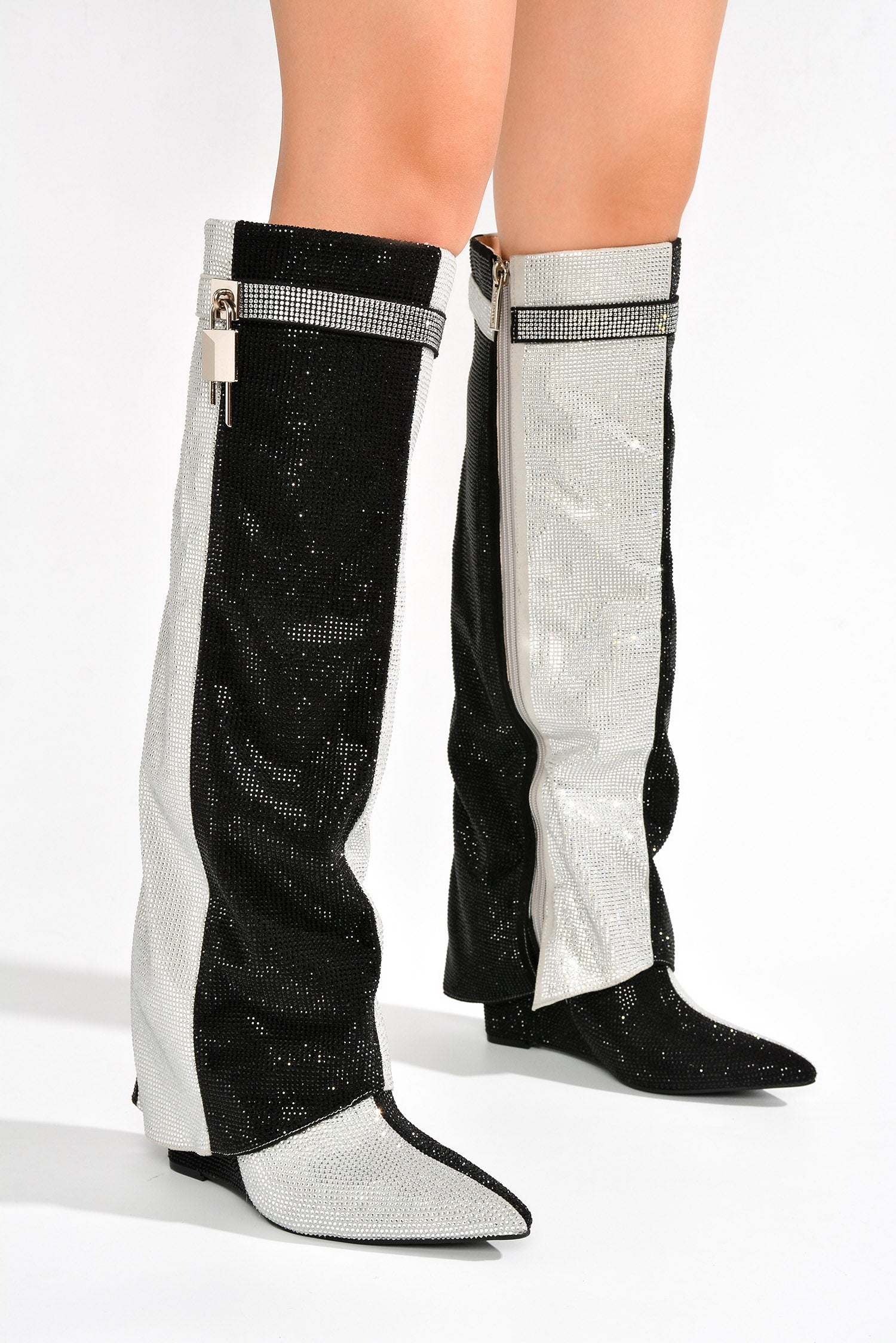 UrbanOG - Anitta Rhinestone Fold Over Wedge Boots - BOOTS