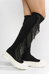 Aretha Fringe Rhinestone Thigh High Boots