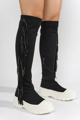 Aretha Fringe Rhinestone Thigh High Boots