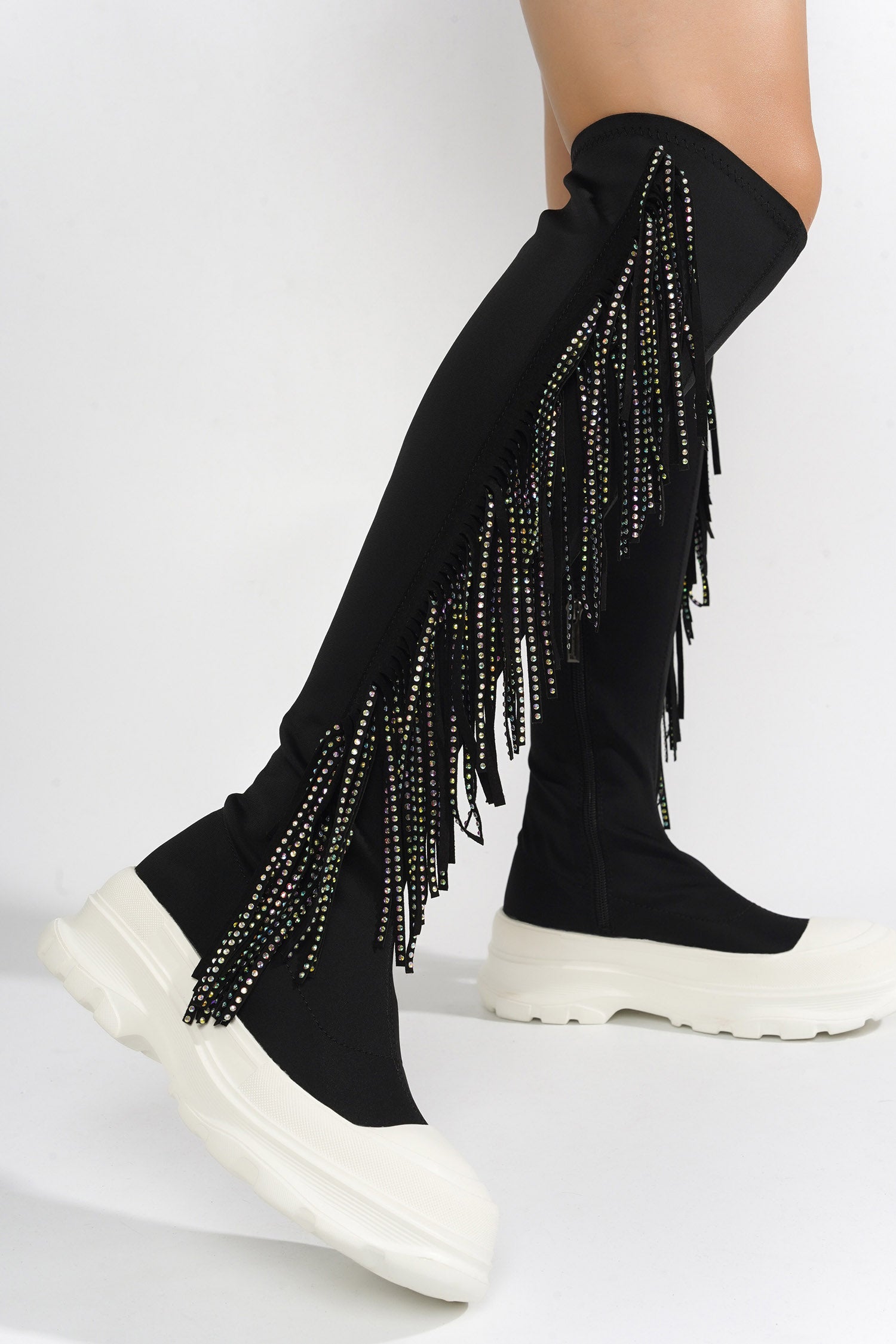 UrbanOG - Aretha Fringe Rhinestone Thigh High Boots - BOOTS