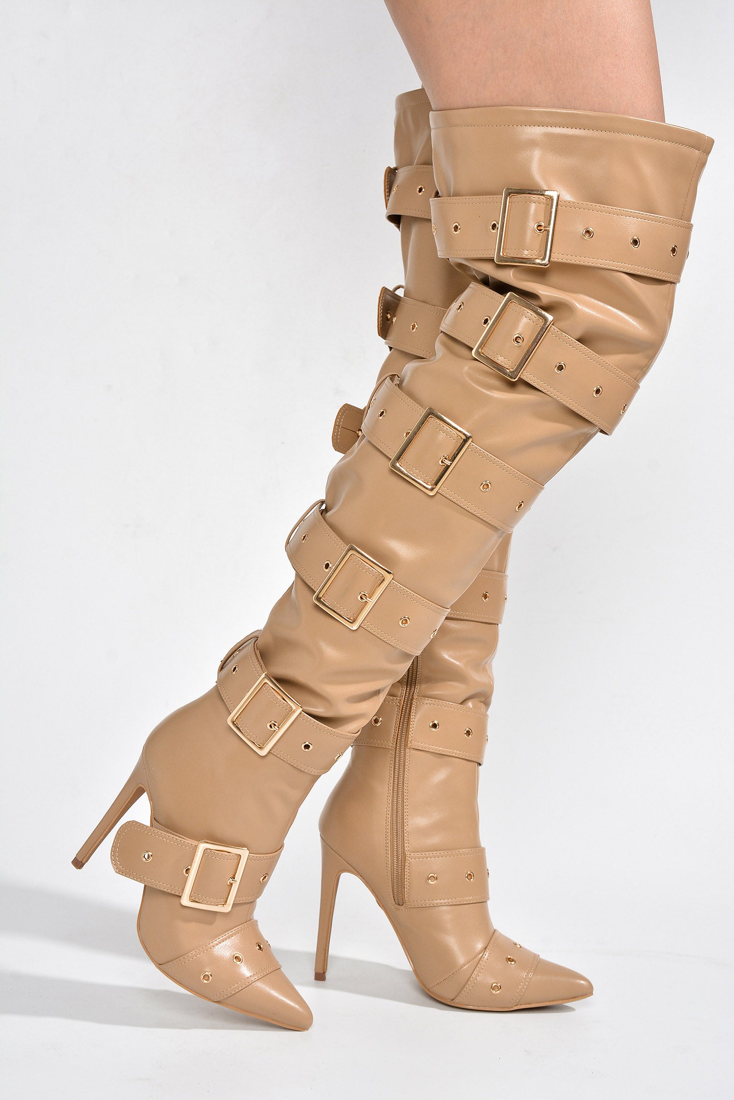 UrbanOG - Asmara Buckle Decor Thigh High Stiletto Boots - BOOTS