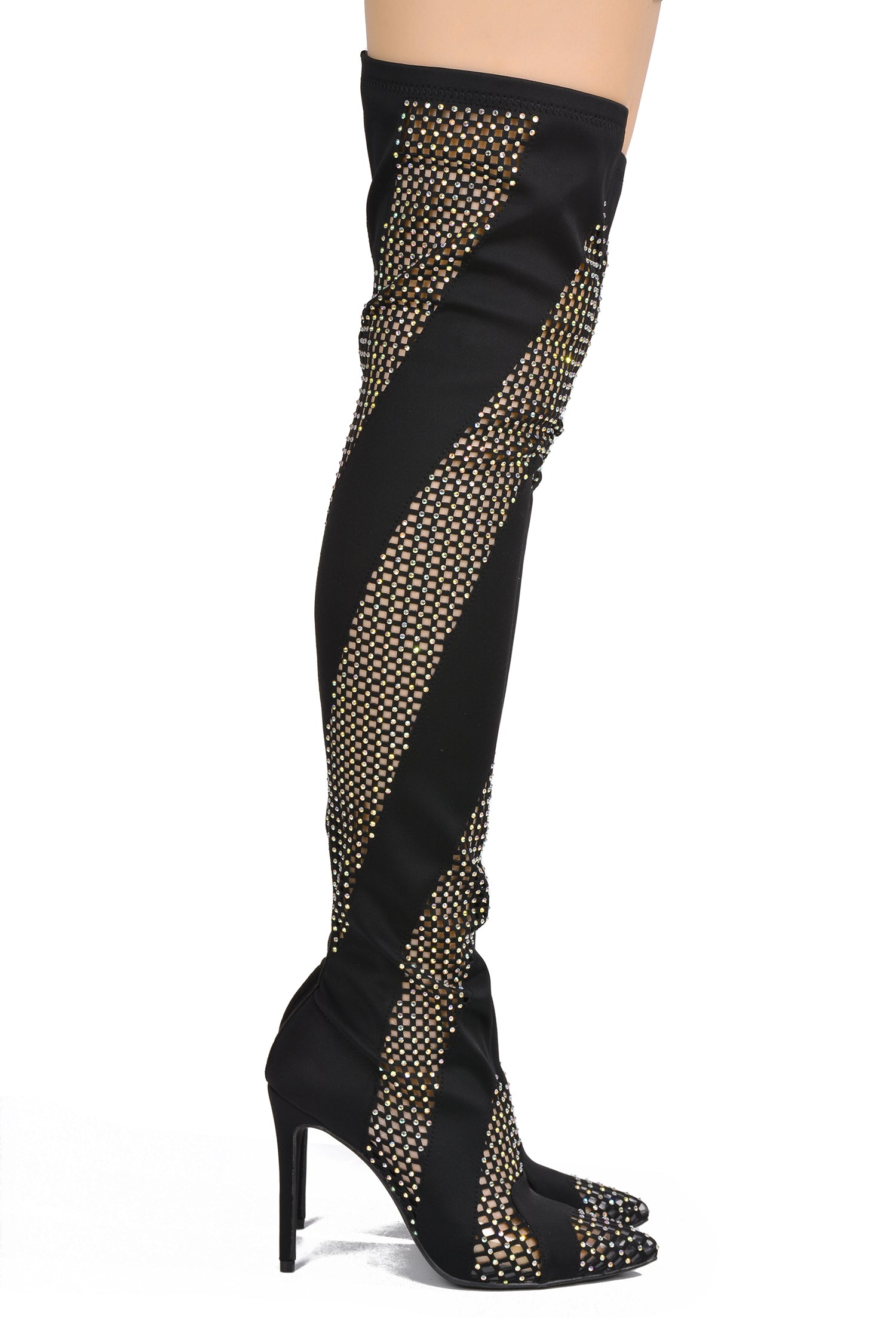 UrbanOG - Azura Rhinestone Mesh Thigh High Boots - BOOTS