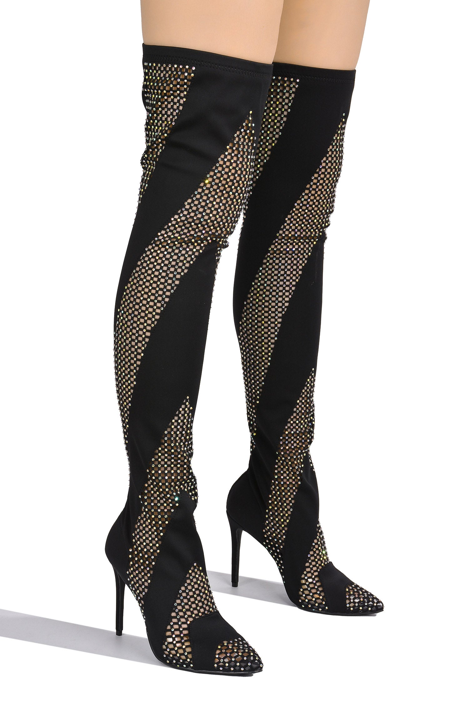 UrbanOG - Azura Rhinestone Mesh Thigh High Boots - BOOTS