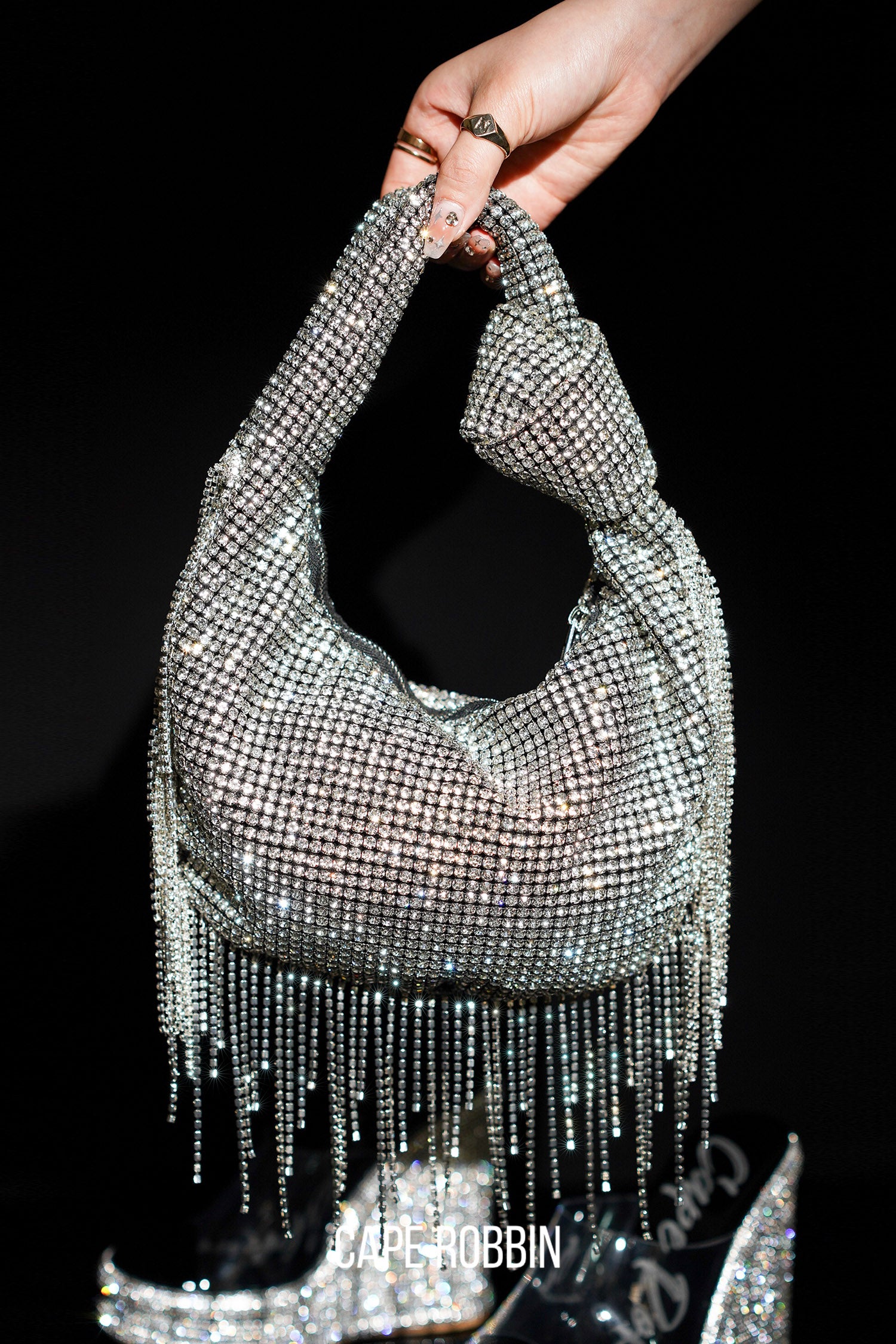 UrbanOG - Eliana Fringe Rhinestone-Embellished Hobo Bag - BAGS
